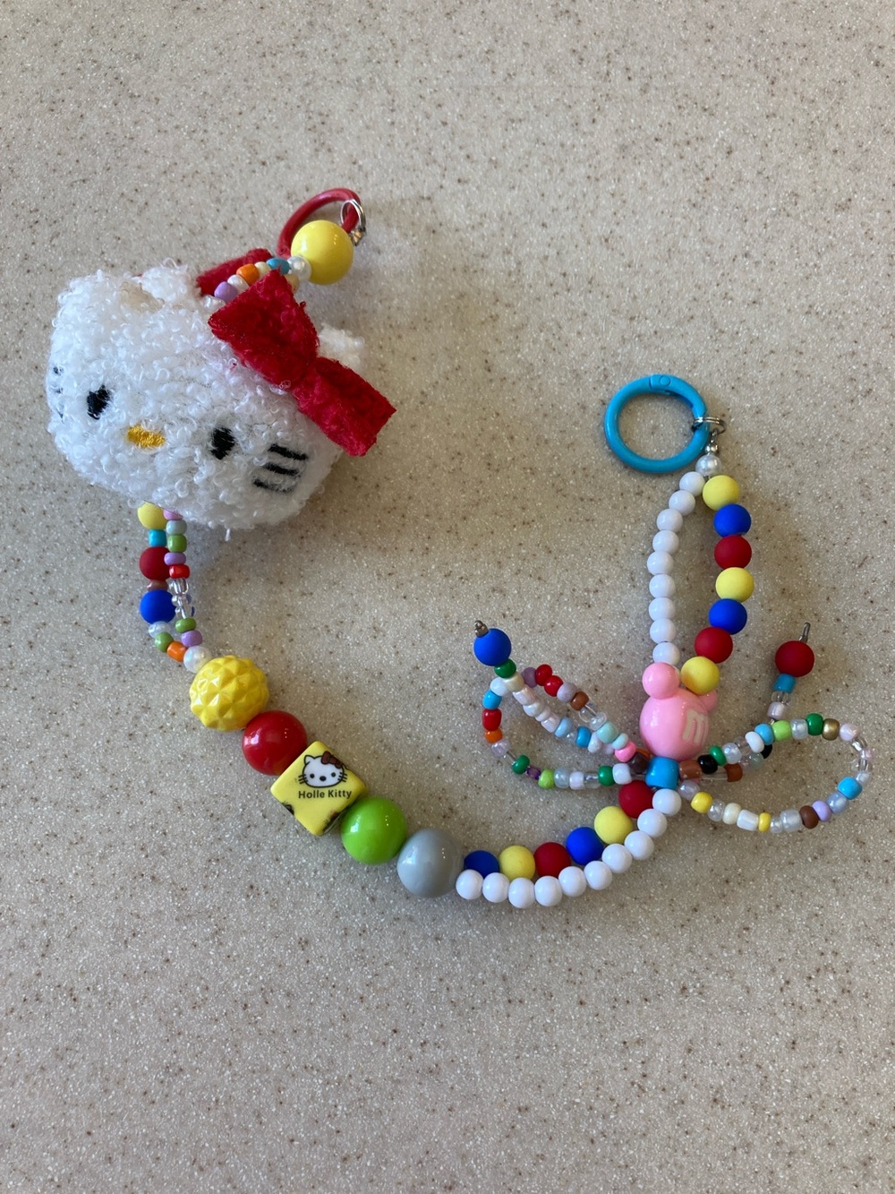 Hello Kitty White Plush Head Bag Charm with Red Bow and Multicolor Beads - Picture 2 of 9